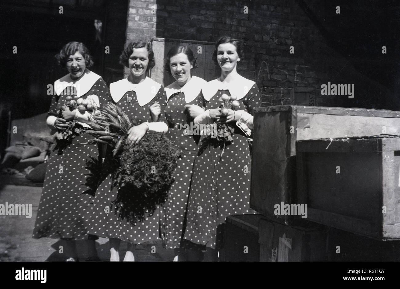 1930er Jahre, historische, vier Damen im modischen, beliebte weibliche Kleidung des Tages gekleidet, Polka Dot oder beschmutzten Kleidern mit weißen Kragen, getrocknete Blumen, England, UK. Stockfoto