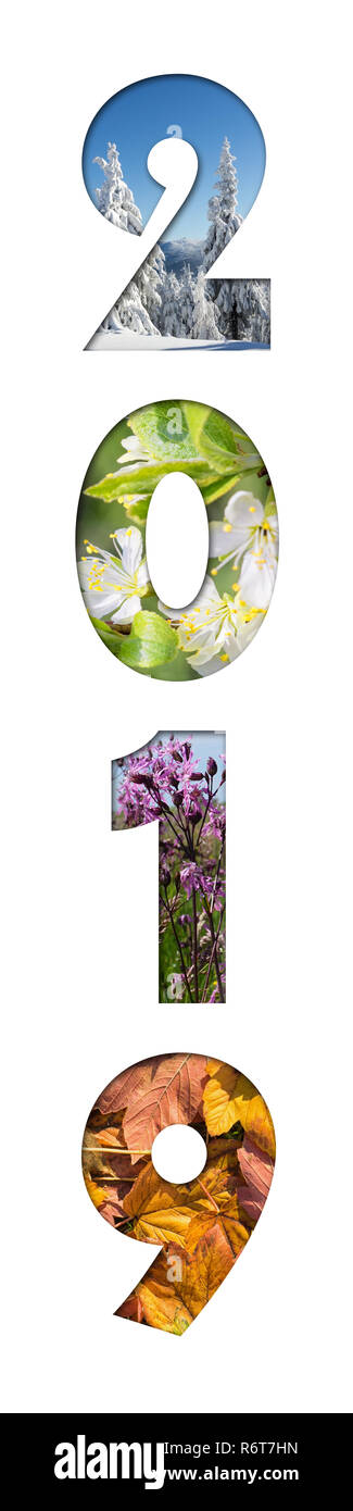 Nummer 2019 vom Four Seasons Fotos für Kalender, Flyer, Plakat, Postkarte, Banner. Bild vertikal. Stockfoto