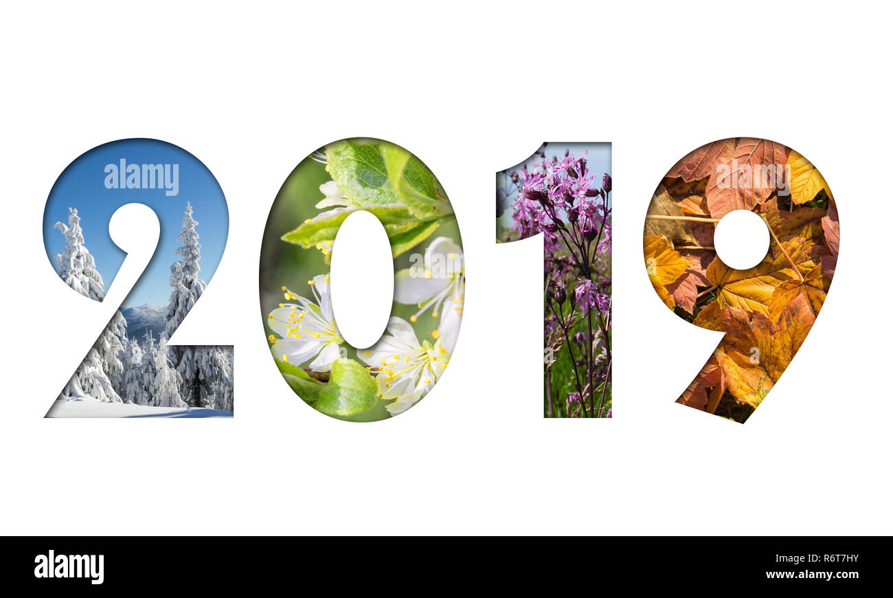 Nummer 2019 vom Four Seasons Fotos für Kalender, Flyer, Plakat, Postkarte, Banner Stockfoto