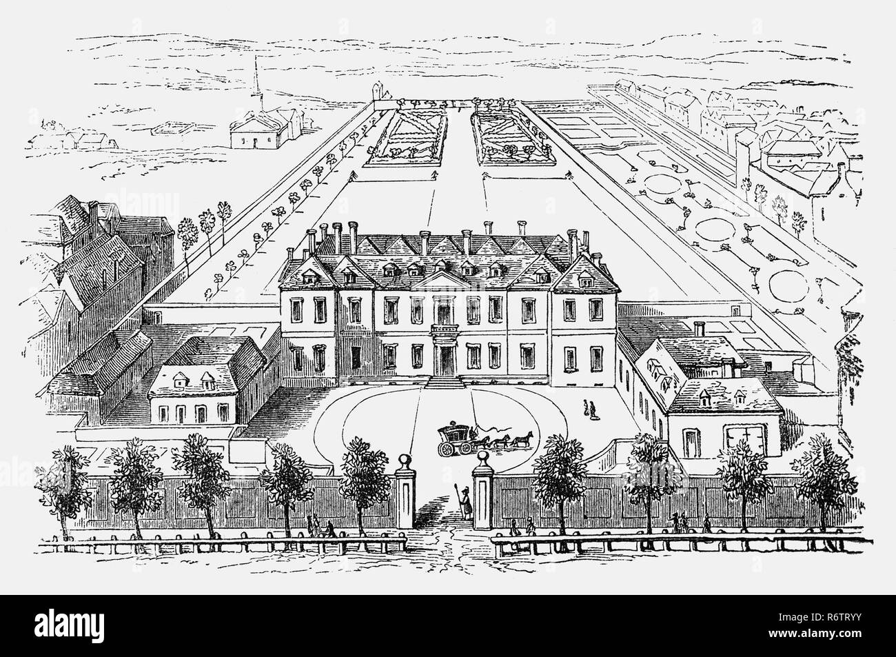 Eine Antenne plan von Burlington House, einer der ersten einer Reihe von großen privaten Residenzen gebaut auf der Nordseite von Piccadilly, zuvor ein Feldweg in der Nähe von London. Es war ein roter Backstein, Doppel-Pile hip-roofed Herrenhaus mit versenkter Mitte, typisch für den Stil der Zeit. Das Haus war in einem unvollständigen Zustand im Jahre 1667 an Richard Boyle, der ersten Earl of Burlington, verkauft, von dem es seinen Namen ableitet. Im Jahre 1704 wurde das Haus an 10-jährigen Richard Boyle, dritten Earl of Burlington, wer war der Patron des Palladianischen Bewegung in England zu werden. Stockfoto