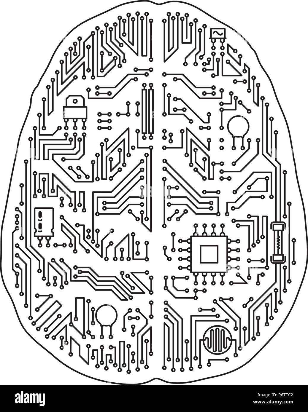 Hauptplatine des menschlichen Gehirns geformt isoliert Vector Illustration. Schwarze und weiße künstliche Intelligenz und Technologie Konzept. Stock Vektor