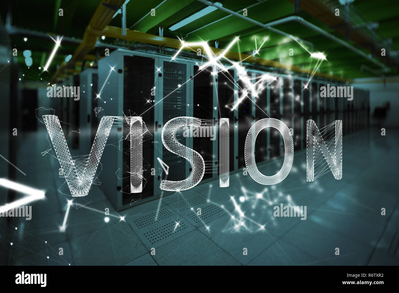 Vision Text auf schwarzem Hintergrund gegen leere Serverraum Stockfoto