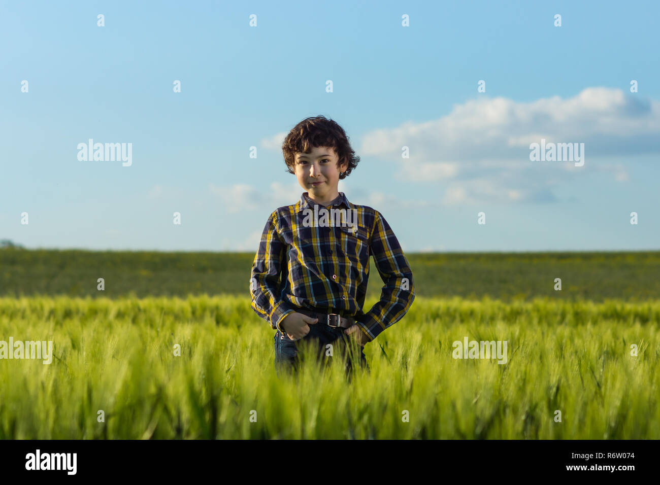 Ein Junge in Jeans und ein Hemd steht in dem Feld. Stockfoto