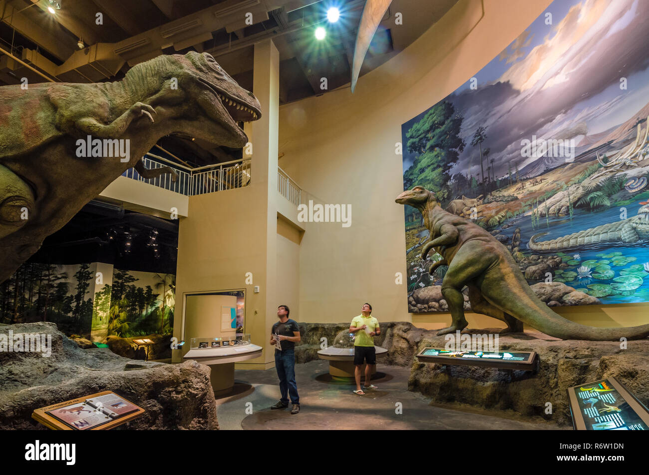 Vladimir Salgado und David Brado Blick auf ein Dinosaurier, Fernbank Museum of Natural History in Atlanta, Georgia angezeigt wird. Stockfoto