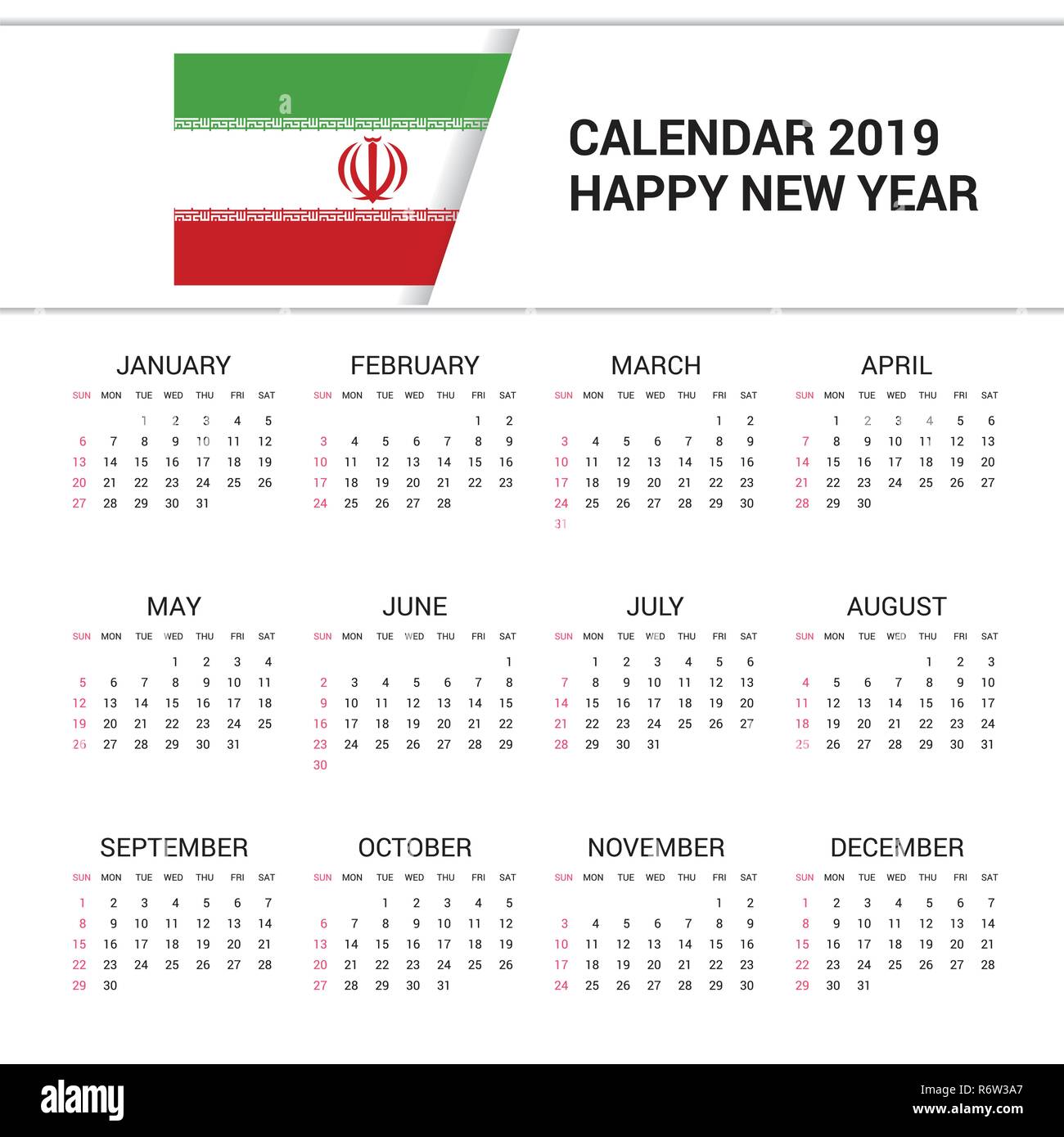Kalender 2019 Iran Flagge Hintergrund. Englische Sprache Stock 