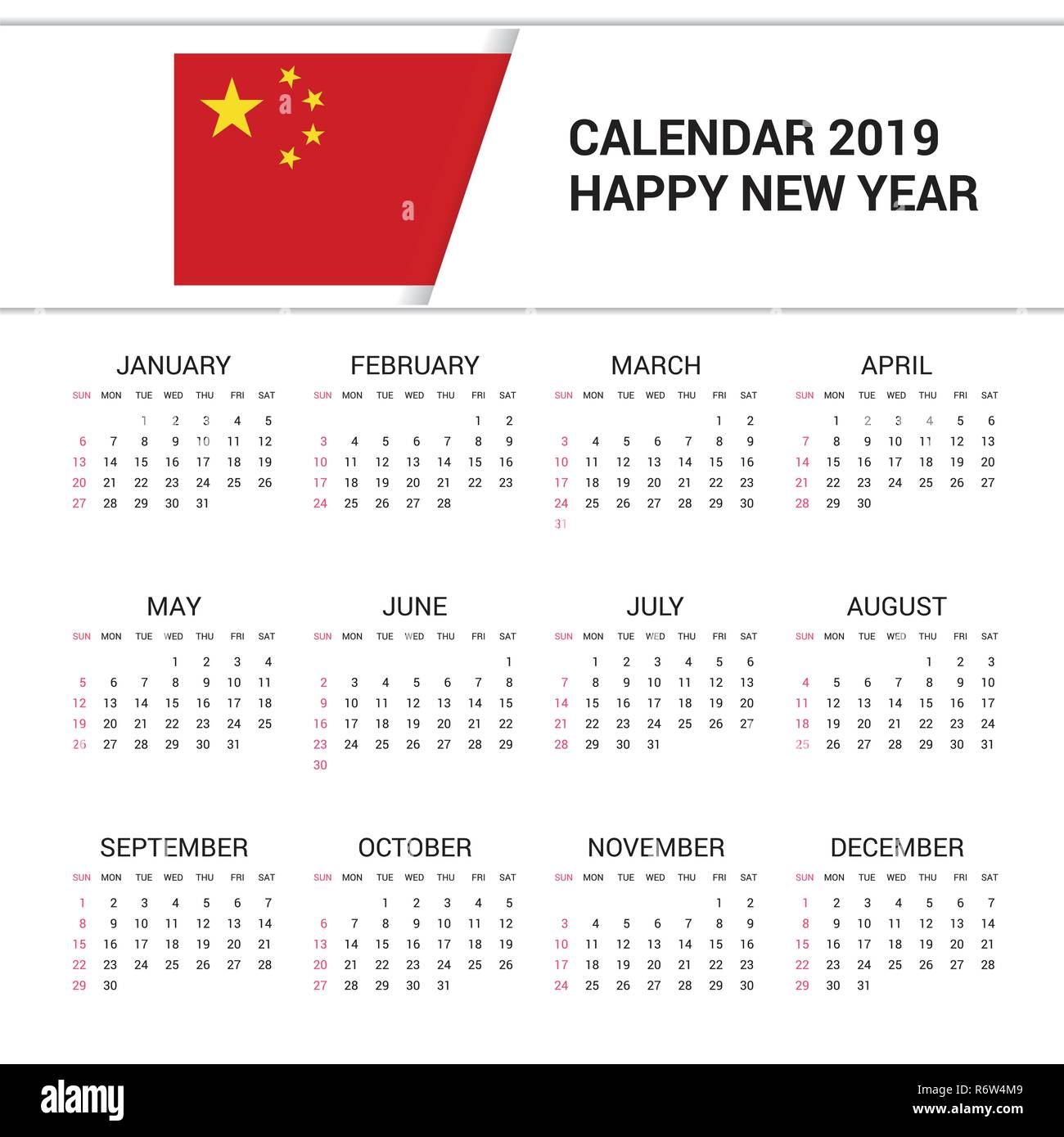 Kalender 2019 China Flagge Hintergrund. Englische Sprache Stock Vektor