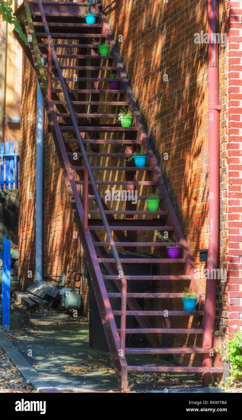 Eine Treppe an der Seite des Gebäudes sind mit bunten Topfpflanzen sitzen auf den Stufen. Stockfoto