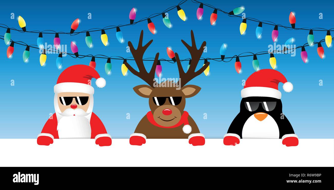 Cool rentier Santa und Pinguin cartoon mit Sonnenbrille und Weihnachten Lichterketten Vektor-illustration EPS 10. Stock Vektor