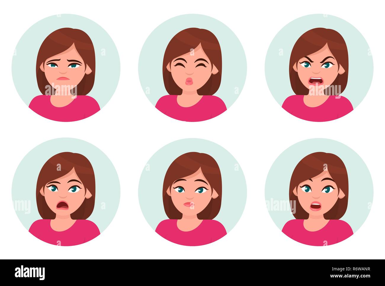 Satz von Mädchen/Frau gesichts Emotionen. Verschiedene weibliche Emotionen gesetzt. Frau Emoji-zeichen mit unterschiedlichen Ausdrücken. Vector Illustration. Stock Vektor