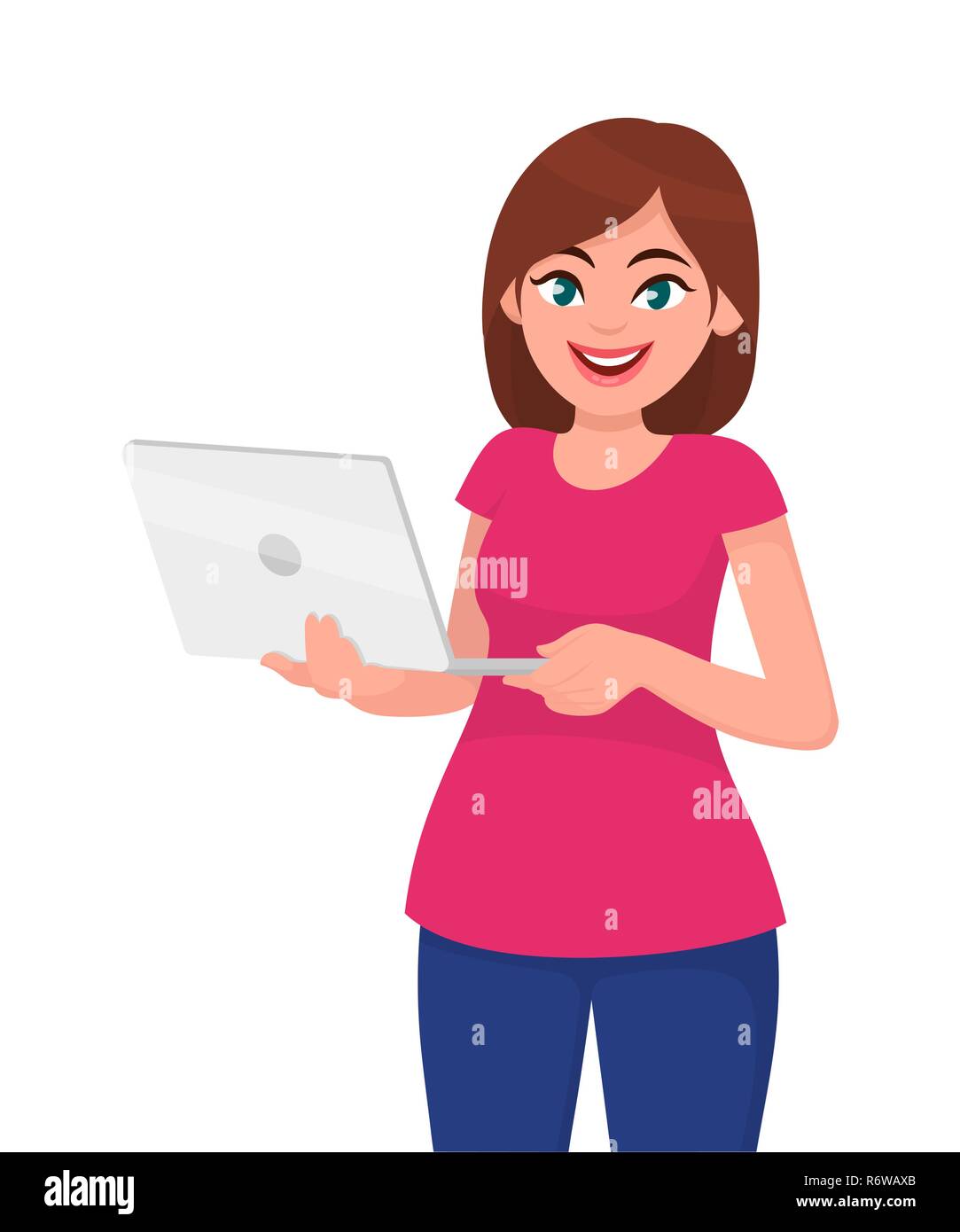 Junge Frau mit Laptop Computer vor weißem Hintergrund. Menschliche Emotion und Körpersprache Konzept Abbildung in Vektor cartoon Flat Style. Stock Vektor