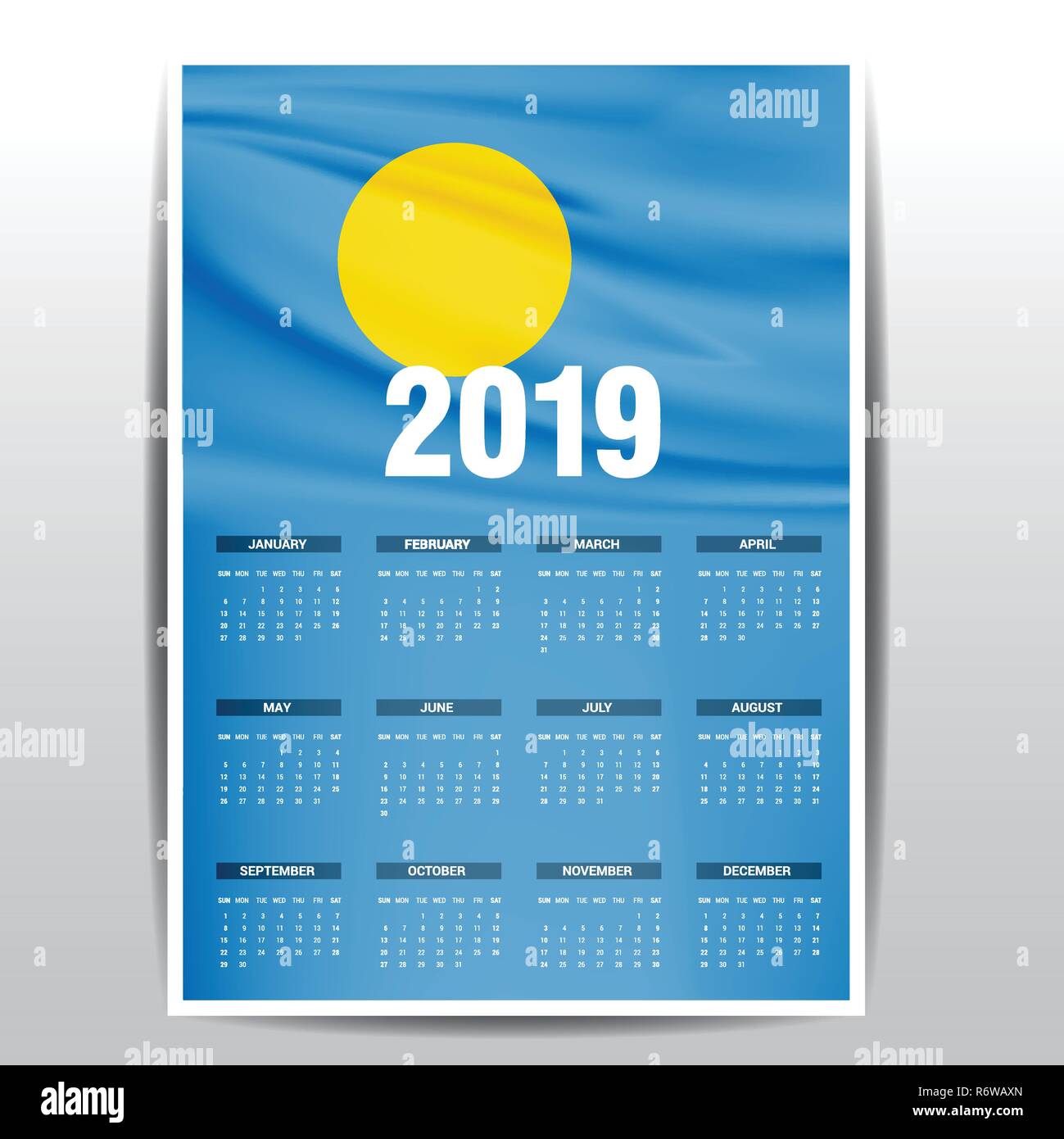 Kalender 2019 Palau Flagge Hintergrund. Englische Sprache Stock Vektor