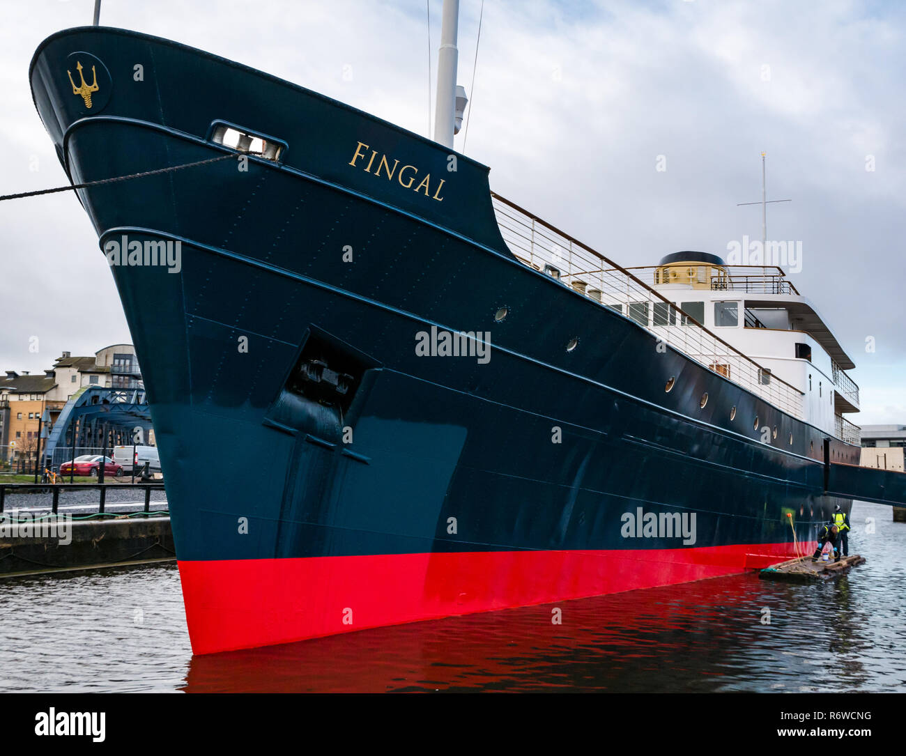 Letzte Details des restaurierten MV Fingal Ship, einem luxuriösen schwimmenden Hotel, Leith, Edinburgh, Schottland, Eröffnung im Januar 2019 Stockfoto