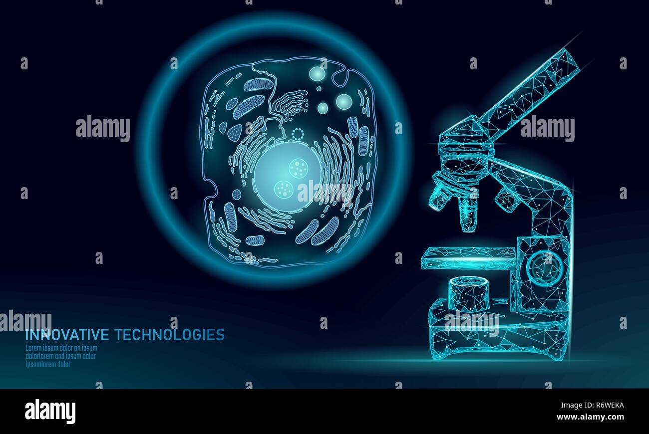 Mikroskop künstliche Zelle Synthese Tier menschliche Designer Zelle Biochemie. Engineering GVO-Forschung Konzept. Makro schließen zoom Zukunft Bildung Technologie Vektor-illustration eukaryotischen Stock Vektor