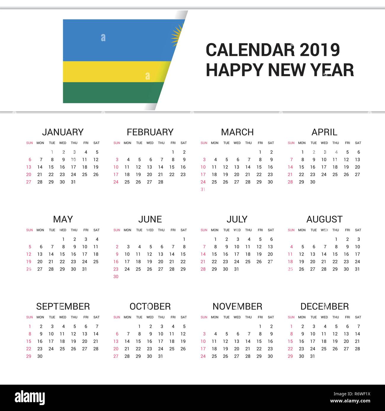 Kalender 2019 Ruanda Flagge Hintergrund. Englische Sprache Stock Vektor