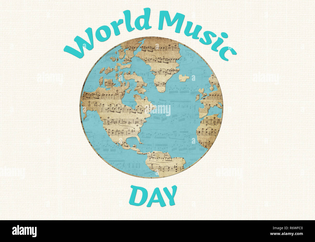 World Music illustration Weltkarte aus alten Noten mit World Music day text Stockfoto