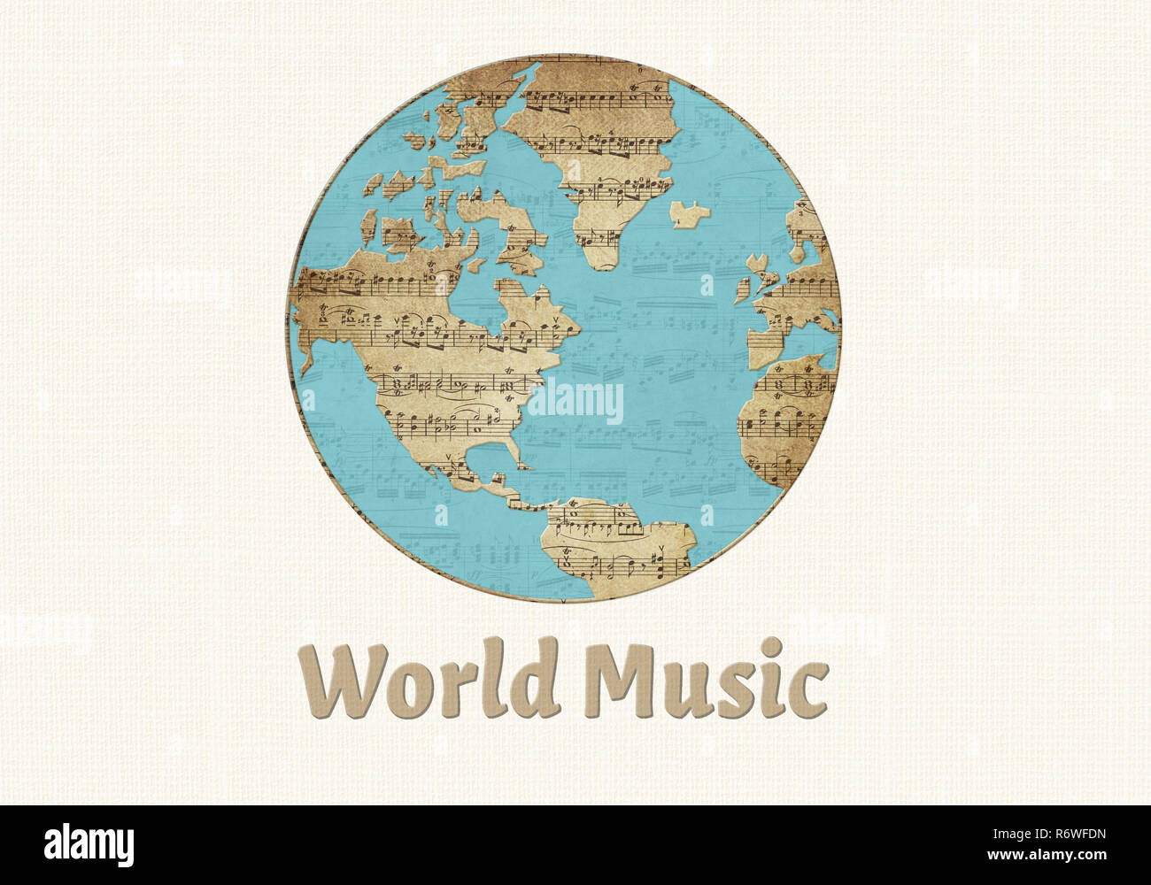 World Music illustration Weltkarte aus alten Noten mit World Music day text Stockfoto