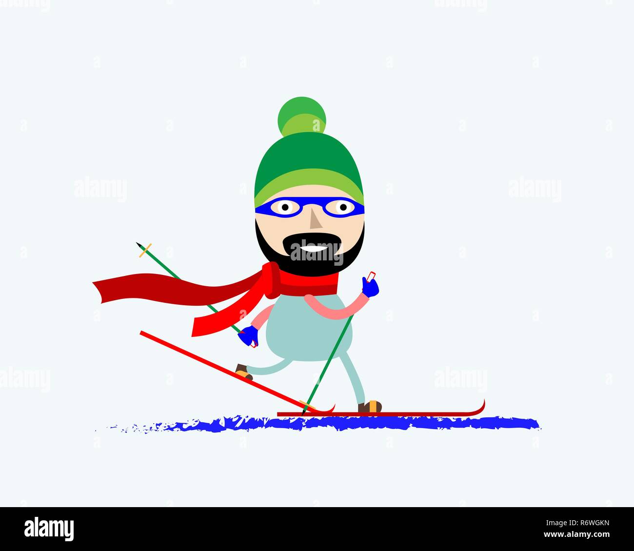 Vector Illustration eines lächelnden Mann Skifahren. Skifahrer in Gläser steht auf Skiern mit Skistöcken. Flat Style. Stock Vektor