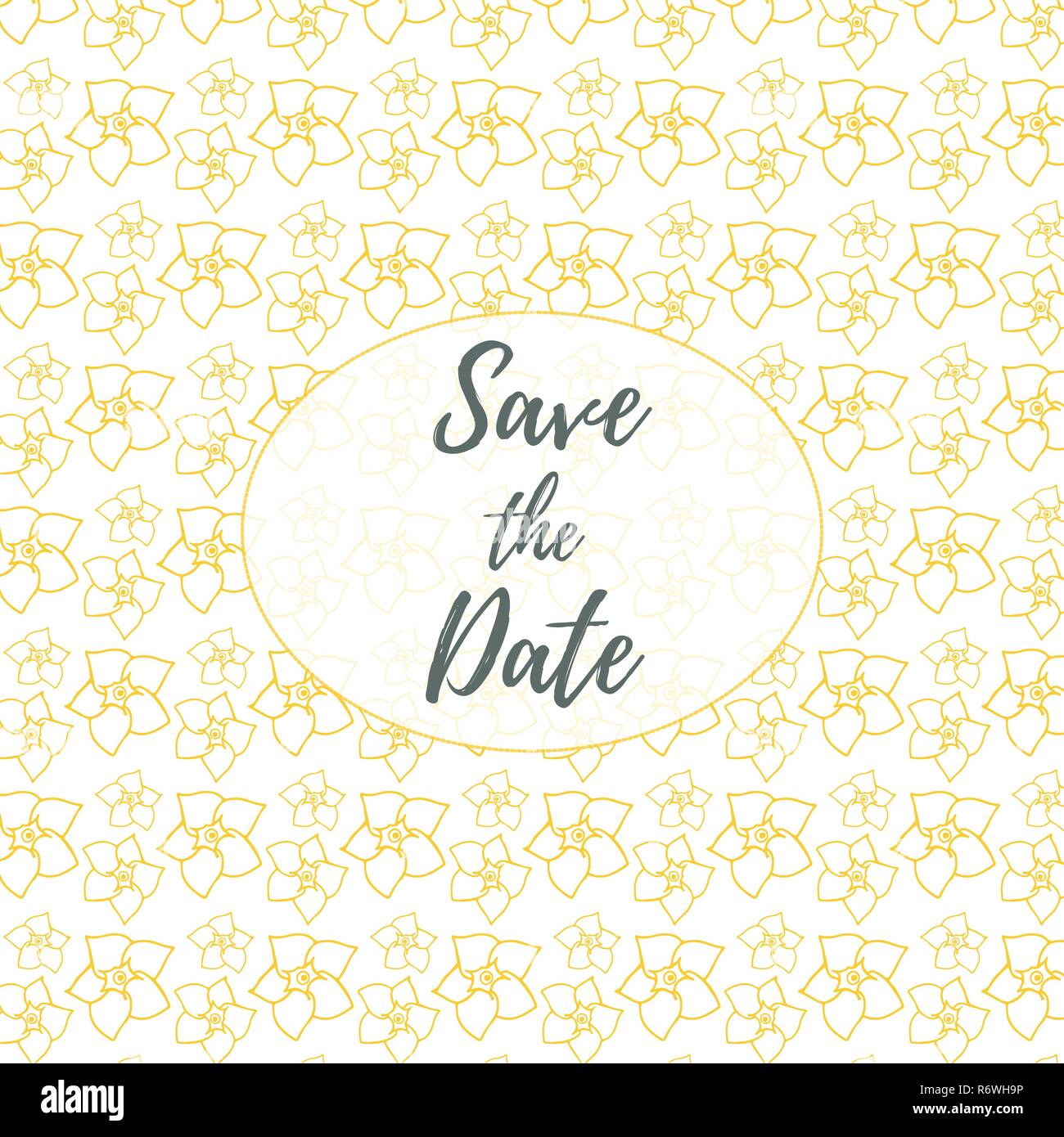 Datum speichern, Hochzeit Einladungskarte Vorlage mit goldenen Blumen vector pattern Abbildung. Floral background. Stock Vektor