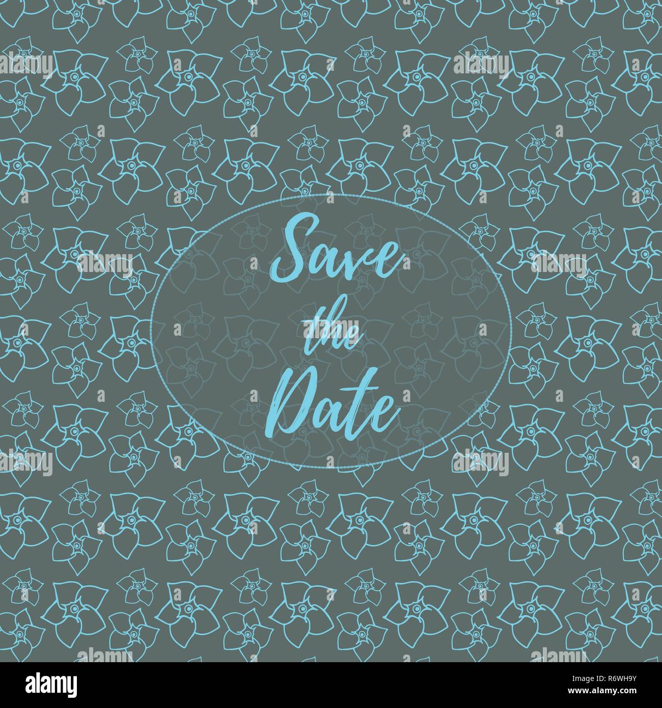 Datum speichern, Hochzeit Einladungskarte Vorlage mit hellblauen Blüten vector pattern Abbildung auf einem dunkelgrauen Hintergrund. Floral background. Stock Vektor