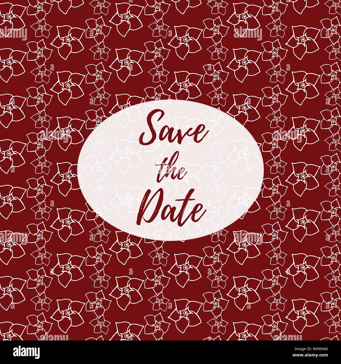 Datum speichern, Hochzeit Einladungskarte Vorlage mit weißen Blumen vector pattern Abbildung auf einem dunklen roten Hintergrund. Floral background. Stock Vektor