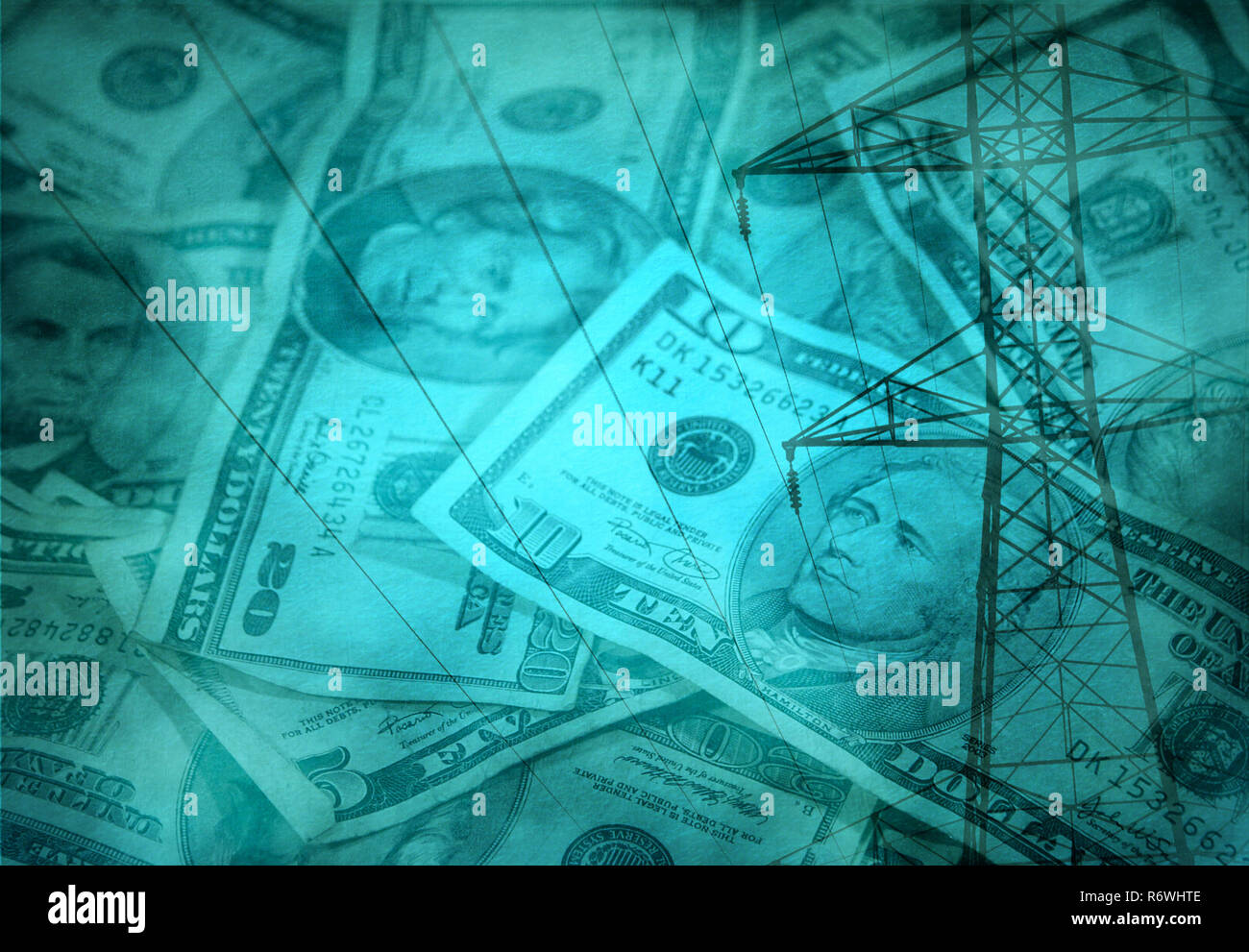 Elektrische Pole auf US-Dollar Hintergrund Stockfoto