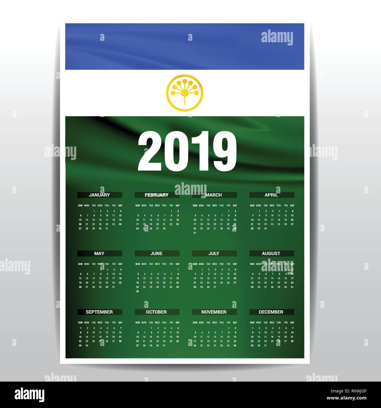 Kalender 2019 Baschkortostan Flagge Hintergrund. Englische Sprache Stock Vektor