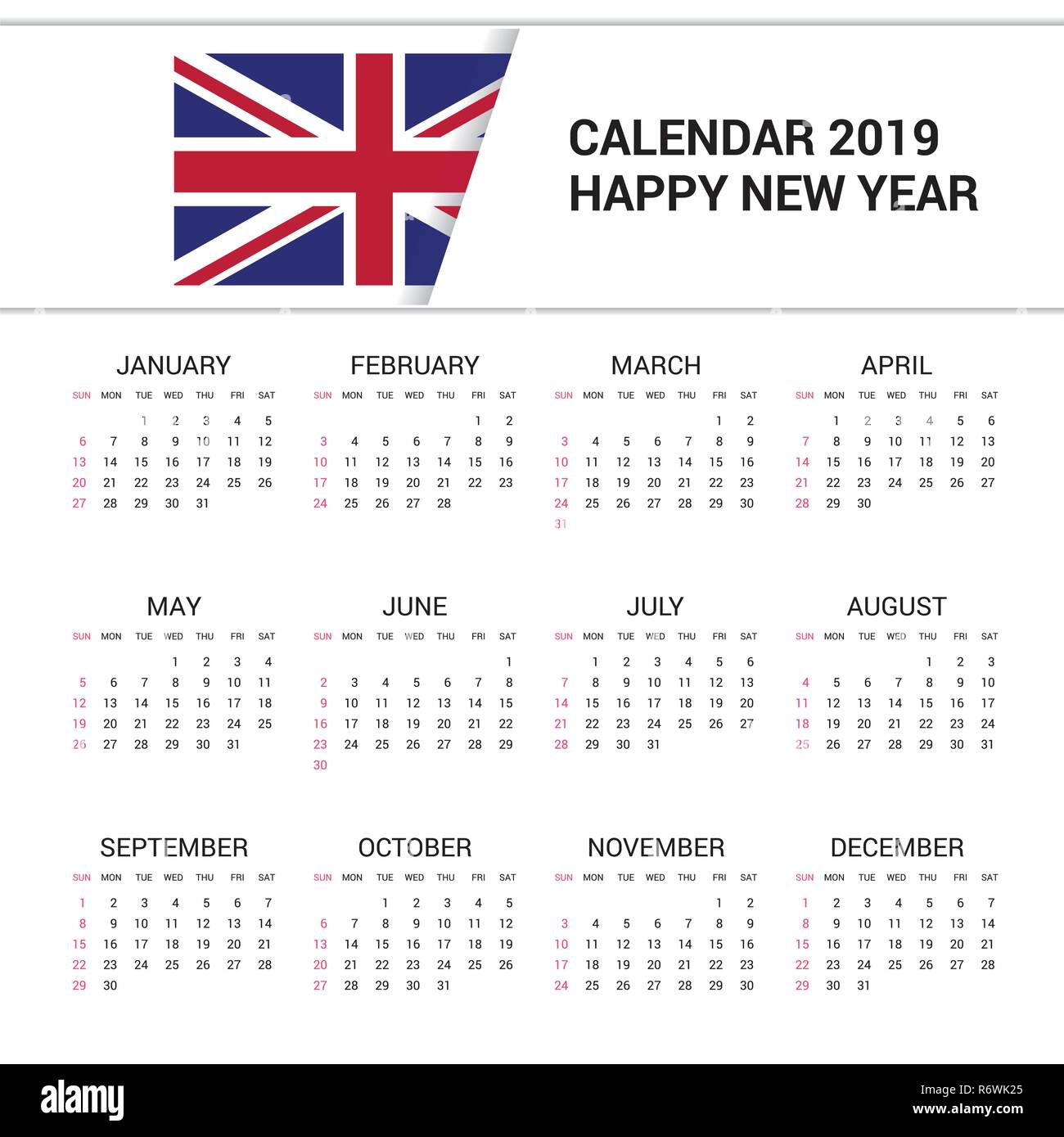 Kalender 2019 Großbritannien Flagge Hintergrund. Englische Sprache Stock Vektor