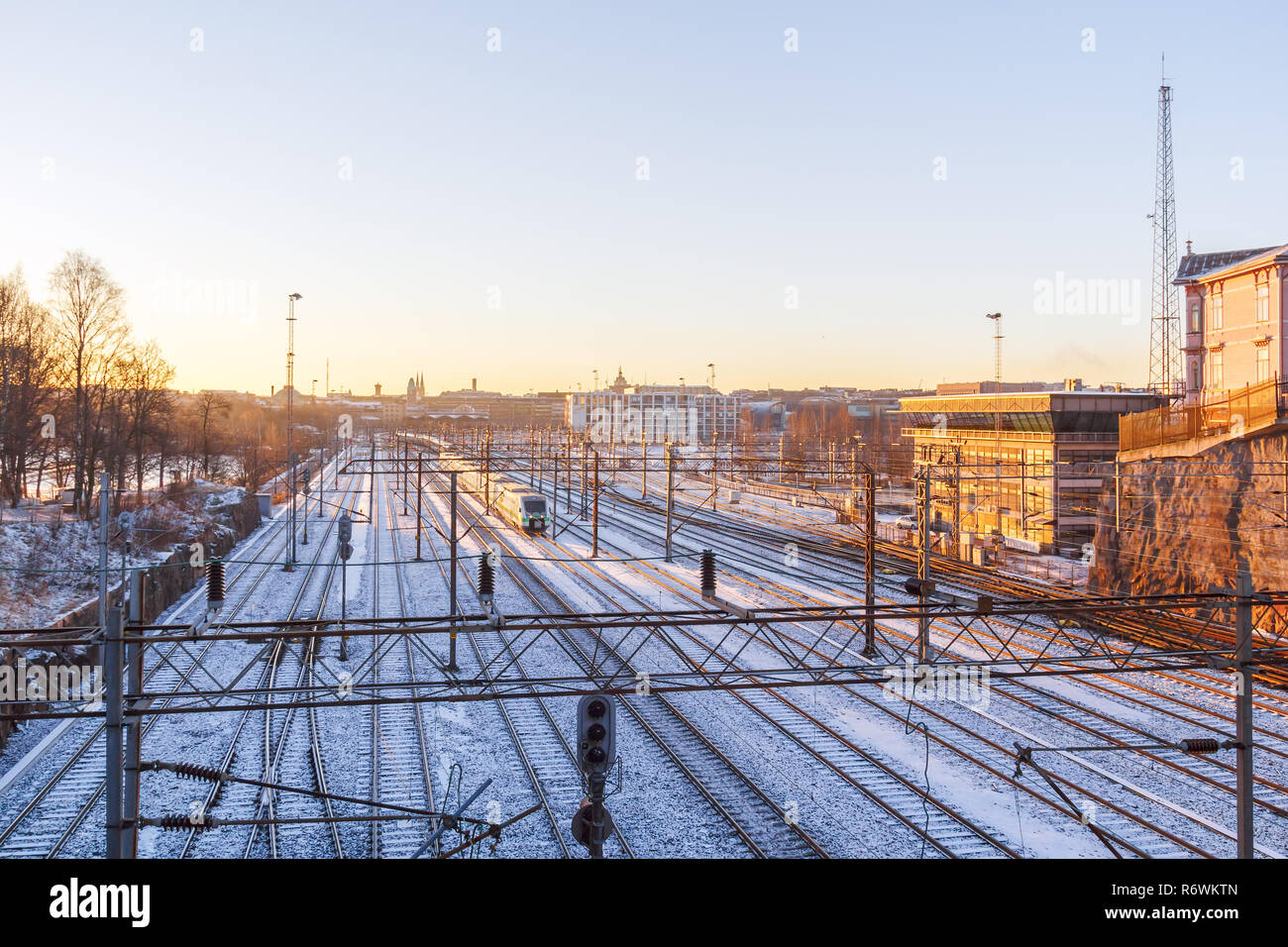 Eisenbahnschienen in Helsinki, Finnland Stockfoto