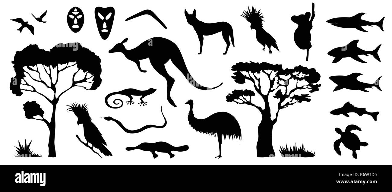 Der australische Tiere und Vögel Silhouetten. Die Natur Australiens. Auf weissem Hintergrund. Schwarze Silhouette von Bäumen, Kangaroo, Masken, sh Stock Vektor