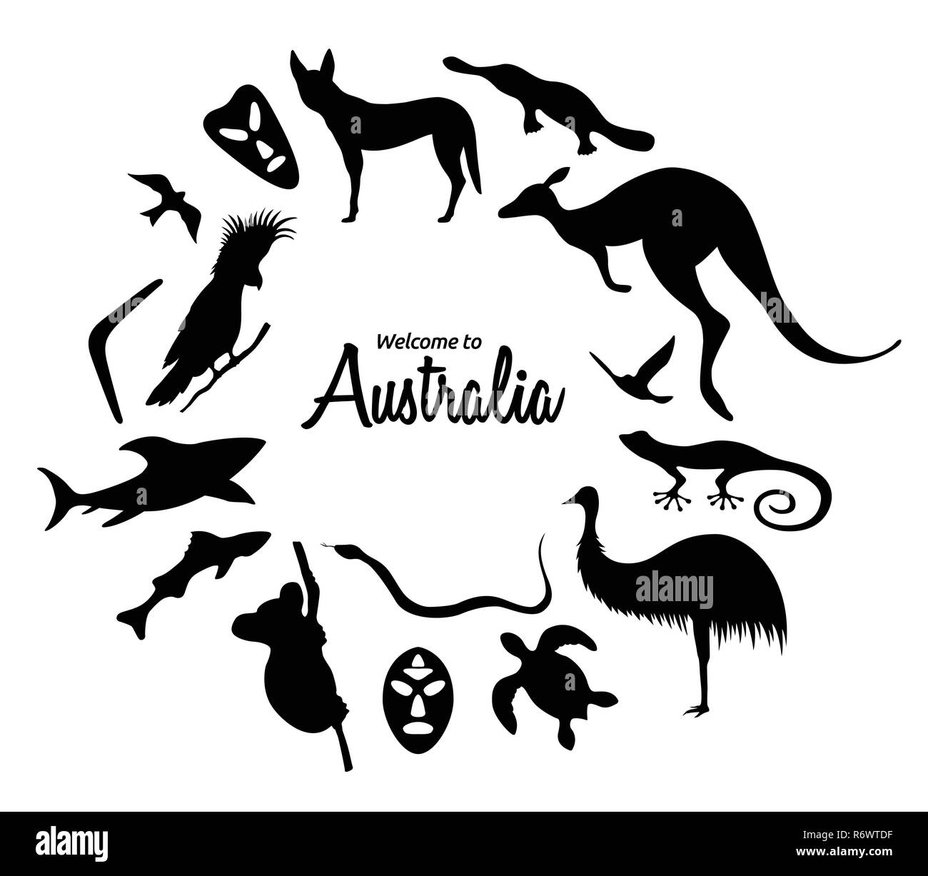 Der australische Tiere Silhouetten. Die Natur Australiens. Auf weissem Hintergrund. Schwarze Silhouette von Kangaroo, Masken, Shark, Boomerang, Stock Vektor