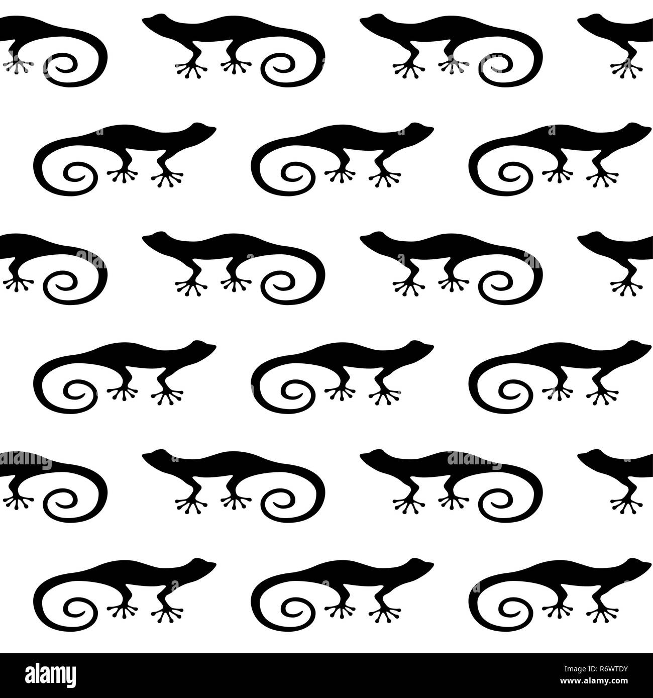 Nahtlose Muster mit Silhouetten von geccos. Australische Tier. Auf weissem Hintergrund. Schwarze Silhouetten. Hand gezeichnet. Vector Illustration. Stock Vektor