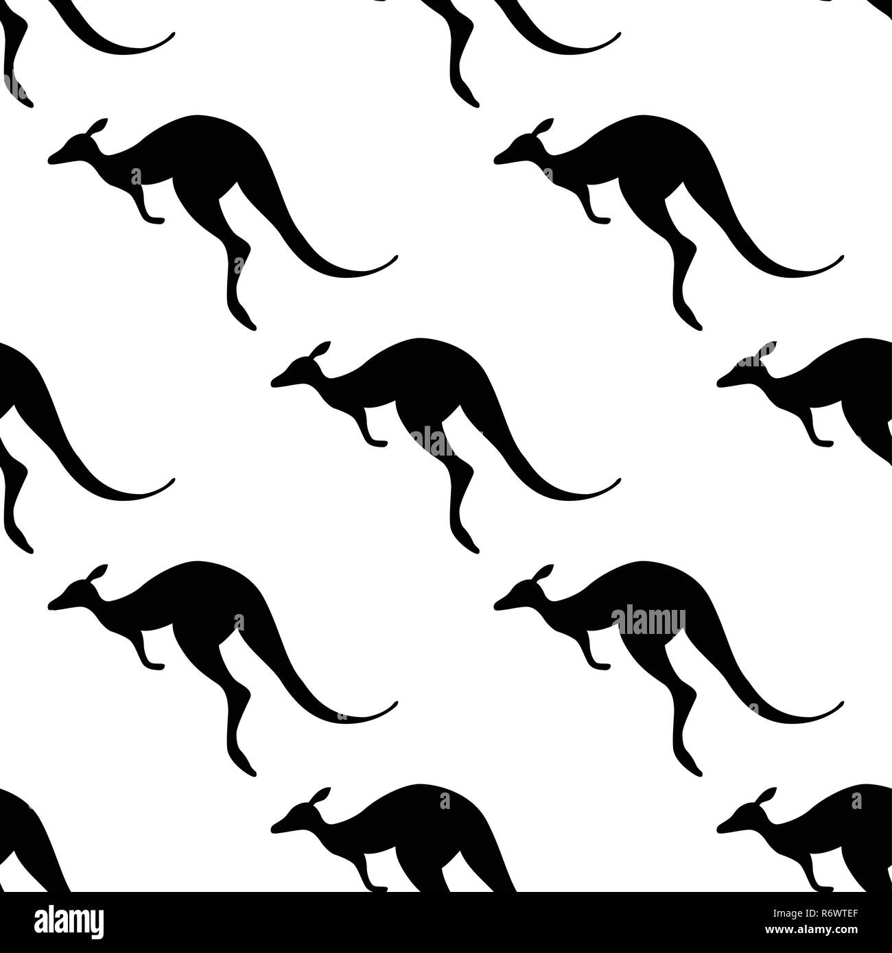 Nahtlose Muster mit Silhouetten von Kängurus. Australische Tier. Auf weissem Hintergrund. Schwarze Silhouetten. Hand gezeichnet. Vector Illustration. Stock Vektor