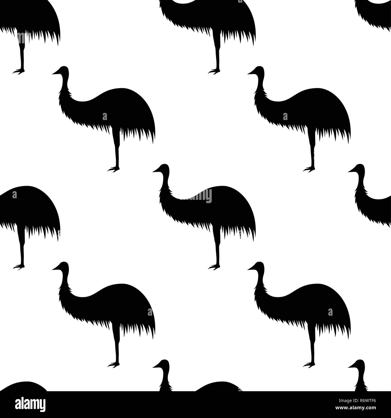 Nahtlose Muster mit Silhouetten der Strauße. Australische Tier. Auf weissem Hintergrund. Schwarze Silhouetten. Hand gezeichnet. Vector Illustration. Stock Vektor