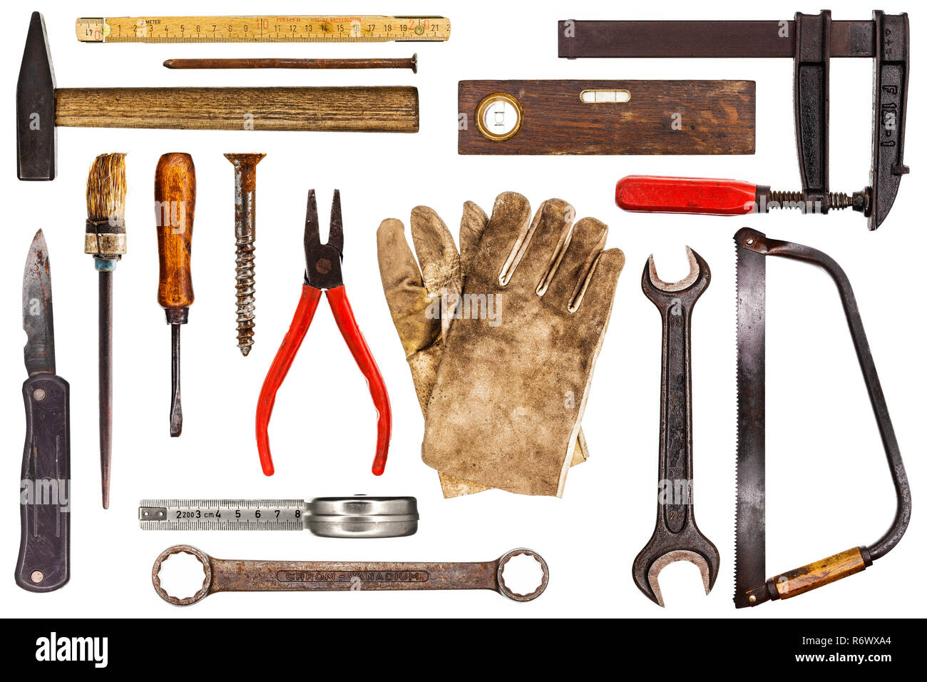 Verschiedene alte Handwerker Werkzeuge auf weißem Hintergrund Stockfoto