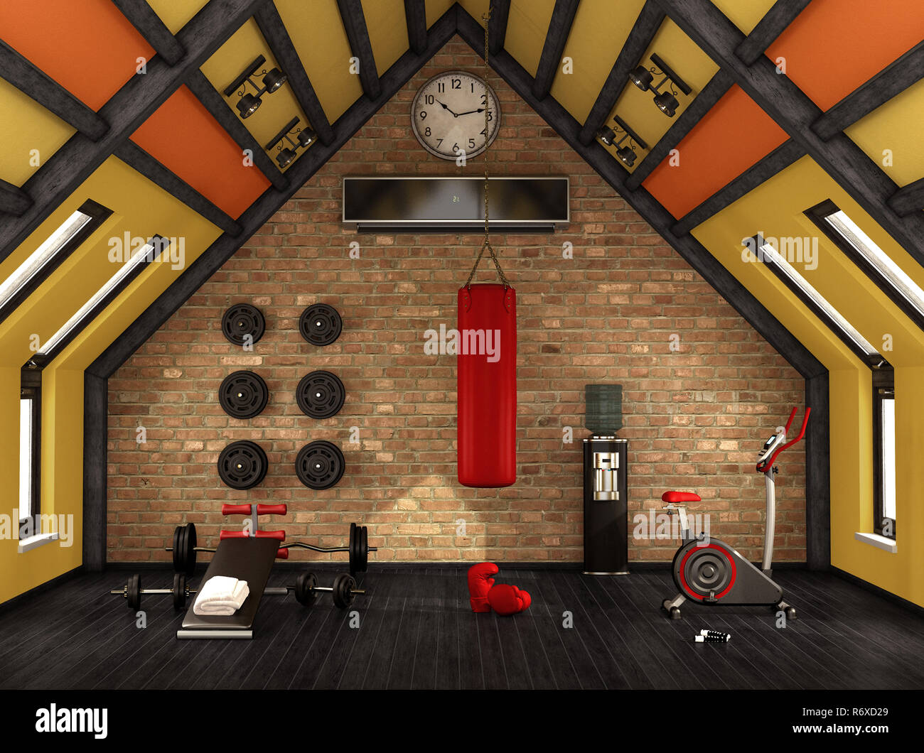 Home Gym in der Mansarde Stockfoto