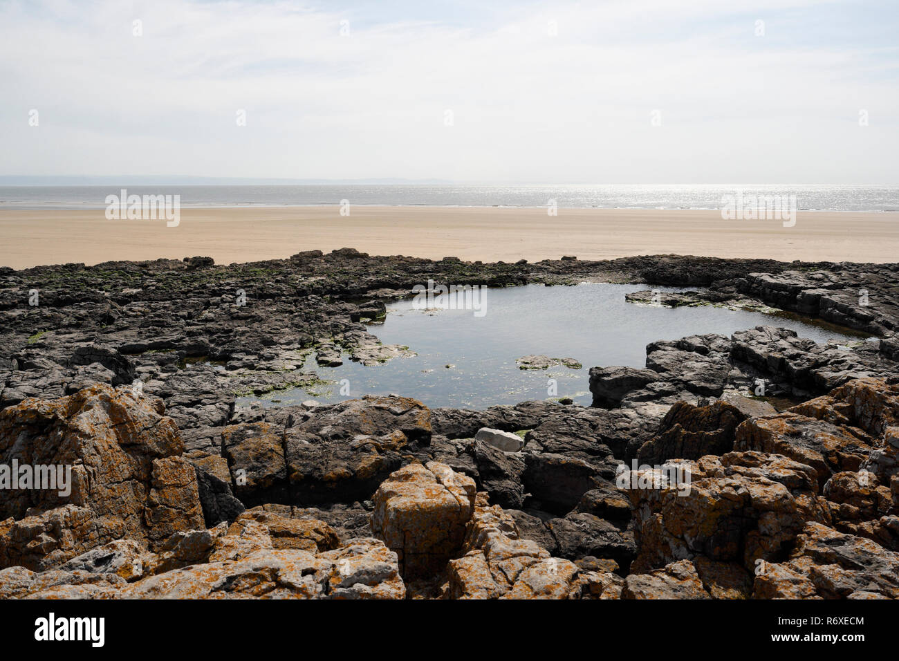Seaside Tidal Rock Pool am Rest Bay Beach Porthcawl, Wales UK, Walisische Küste Britische Küste Biodiversität Ebbe Landschaft Stockfoto