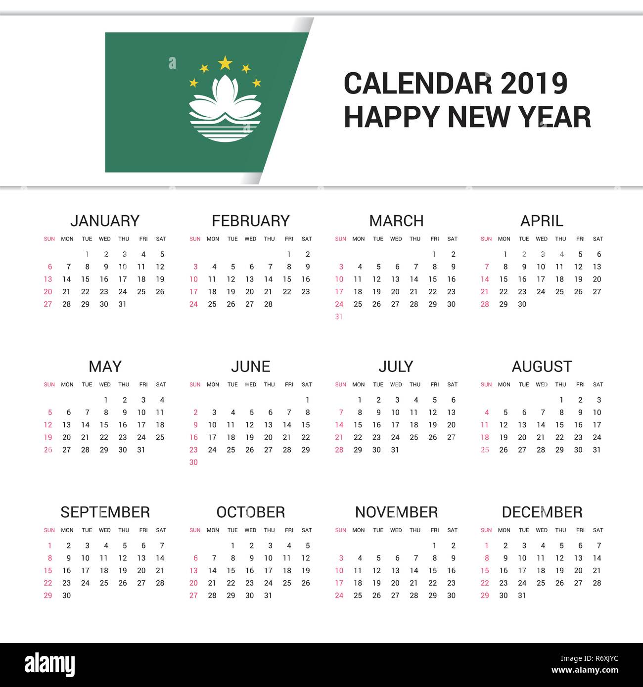Kalender 2019 Macau Flagge Hintergrund. Englische Sprache Stock Vektor