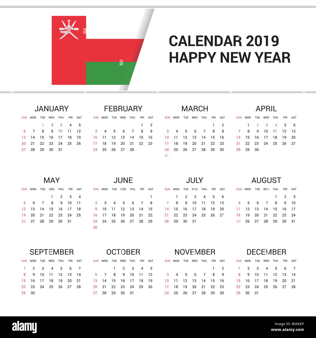 Kalender 2019 Oman Flagge Hintergrund. Englische Sprache Stock Vektor