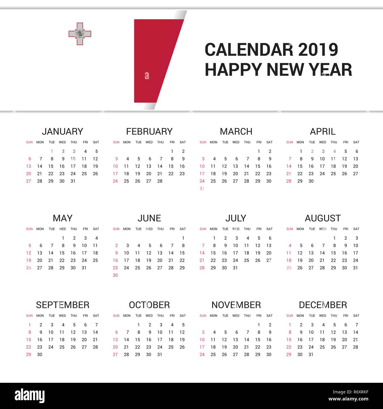 Kalender 2019 Malta Flagge Hintergrund. Englische Sprache Stock Vektor