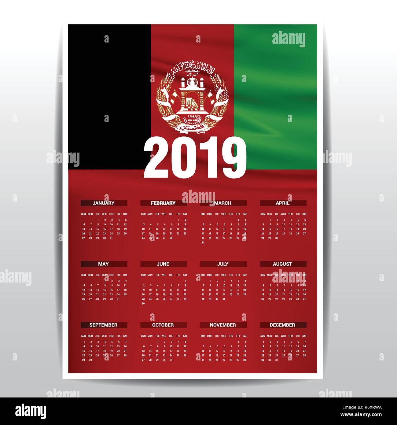 Kalender 2019 Afghanistan Flagge Hintergrund. Englische Sprache  Stock-Vektorgrafik - Alamy