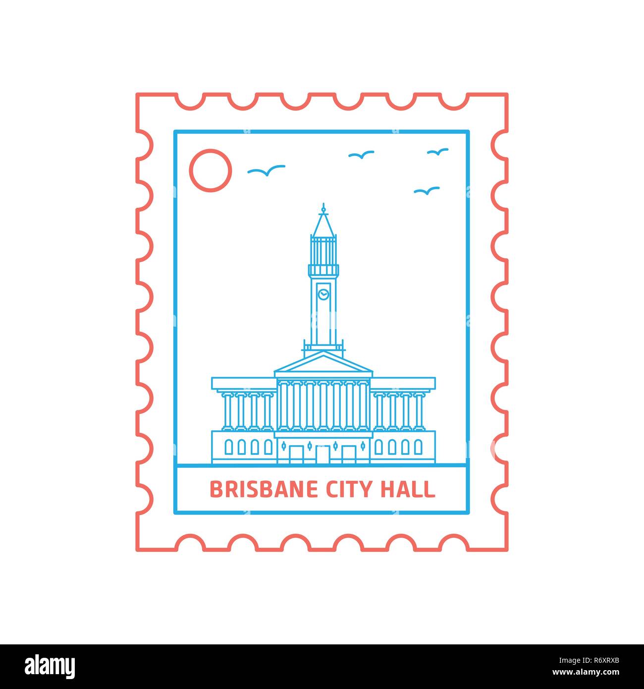 BRISBANE CITY HALL Briefmarke blaue und rote Linie Stil, Vektor, Abbildung Stock Vektor