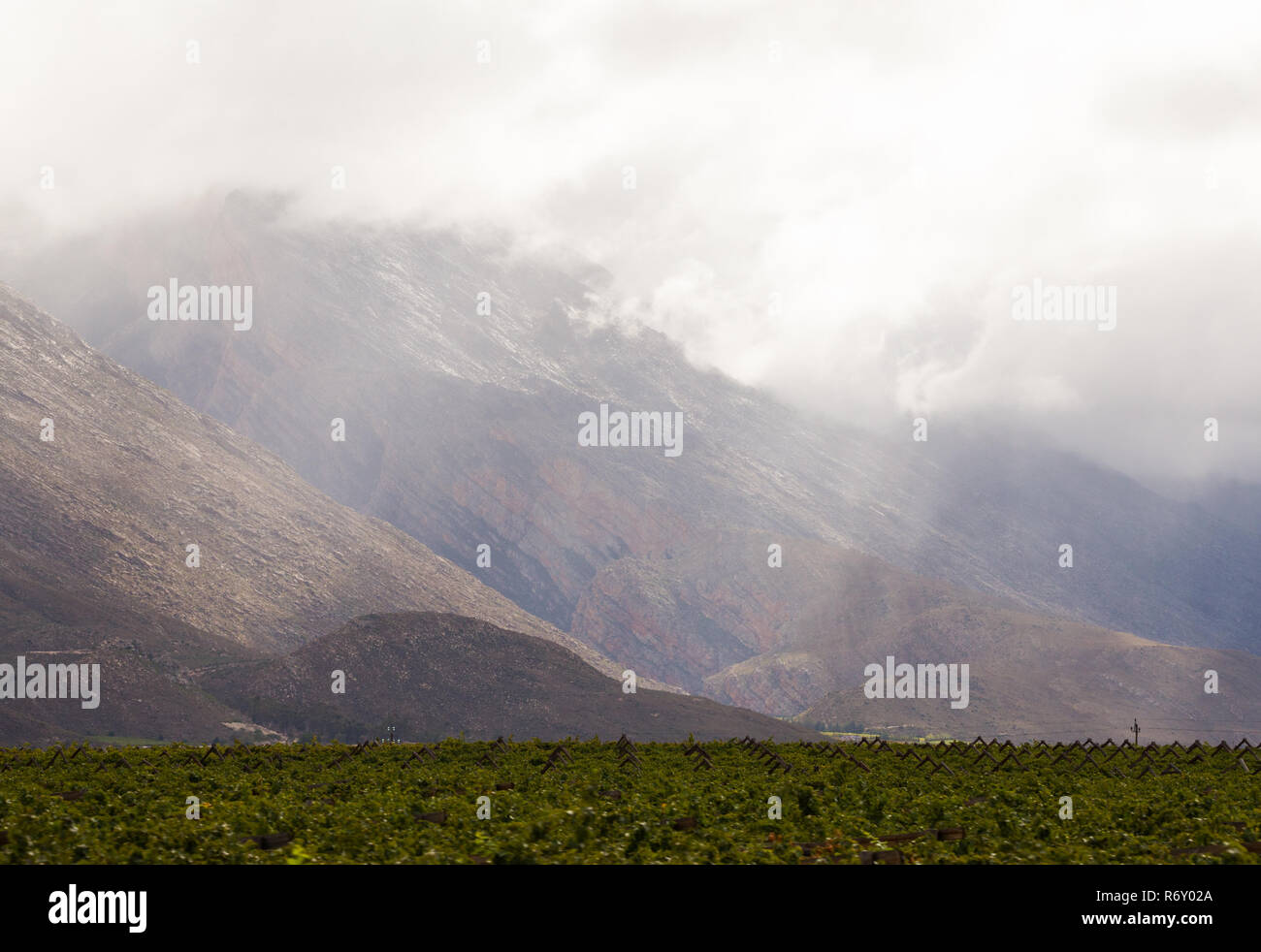 Dramatische Berglandschaft mit Licht durch Regenwolken auf nasse Oberfläche, unten ist ein Tal der Weinberge oder Weinreben Hex River Tal Stockfoto