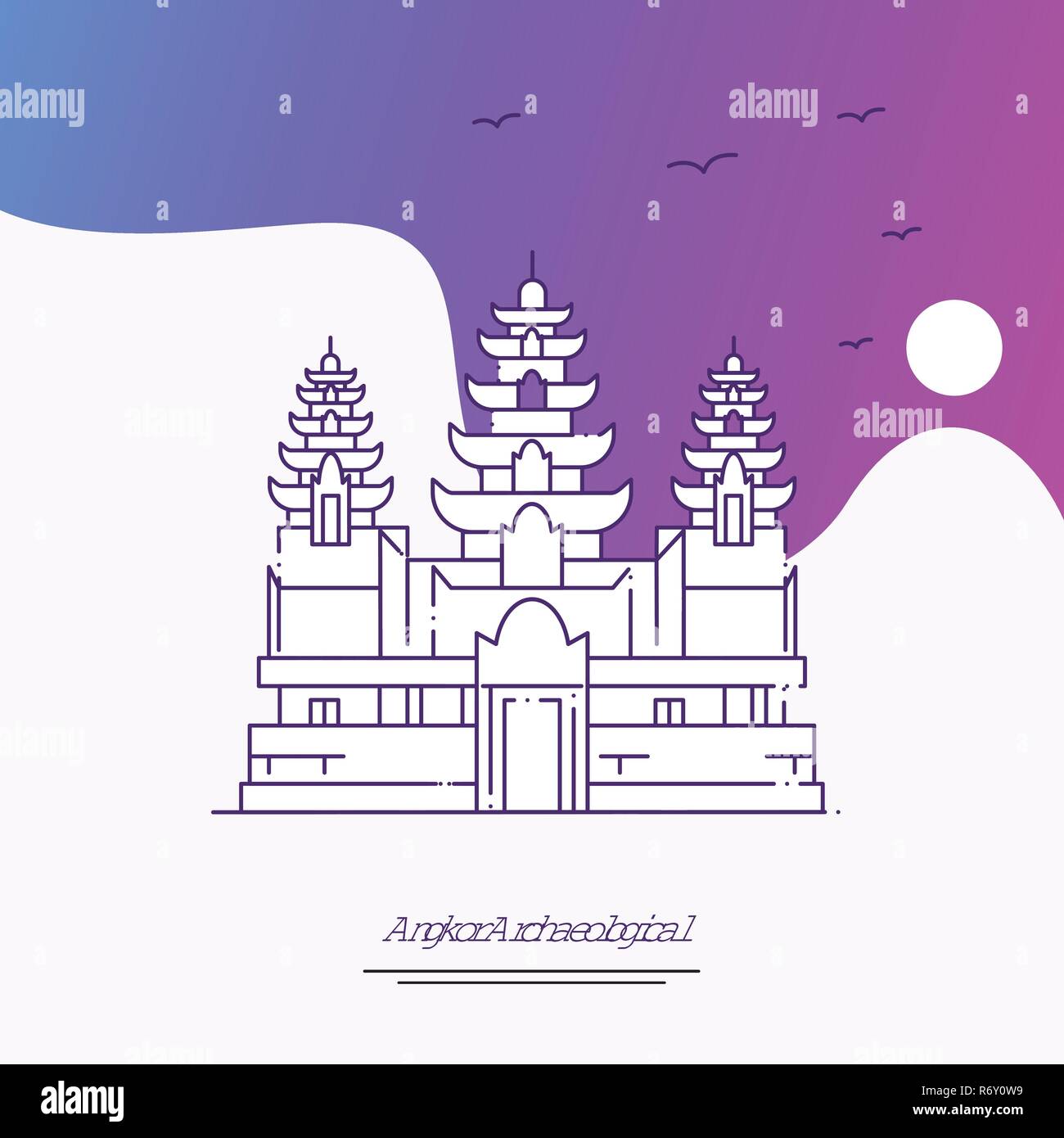 Reisen Angkor archäologische Plakat Vorlage. Lila kreativen Hintergrund Stock Vektor