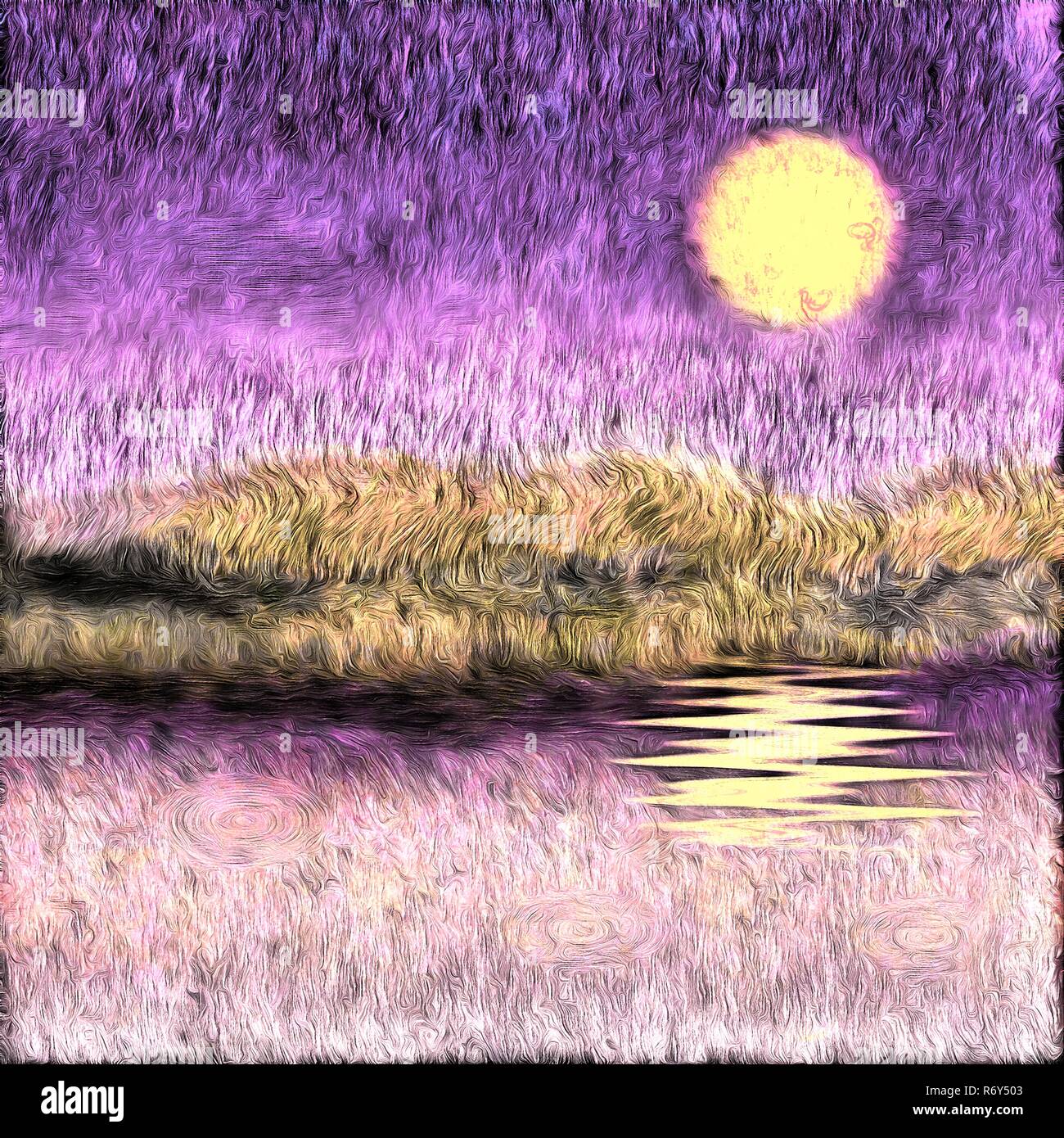 Öl Malerei. Purple sunset. Stockfoto