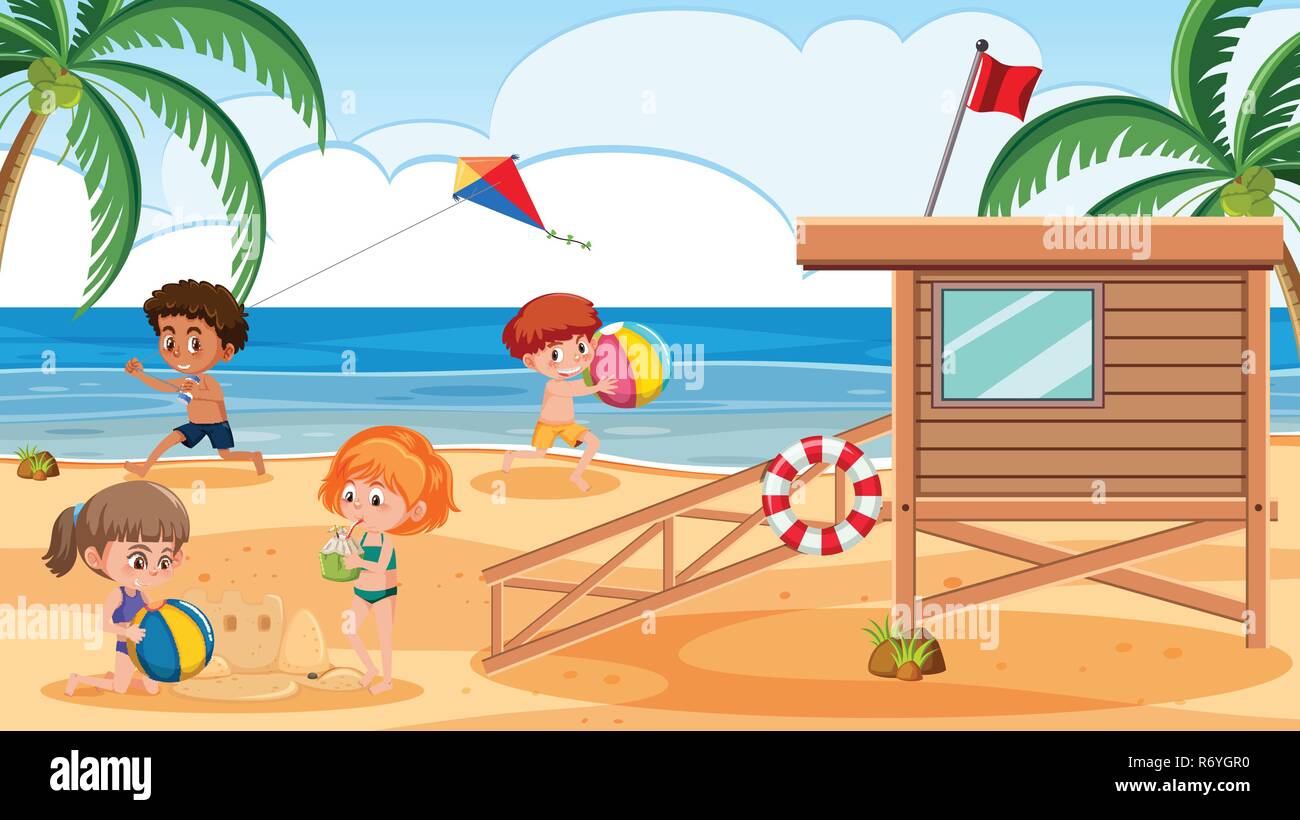 Kinder Am Strand Abbildung Spielen Stock Vektorgrafik Alamy