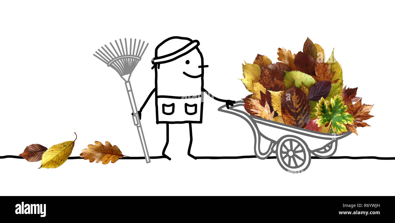 Cartoon Mann mit großen Haufen der Blätter im Herbst in der Schubkarre Stockfoto