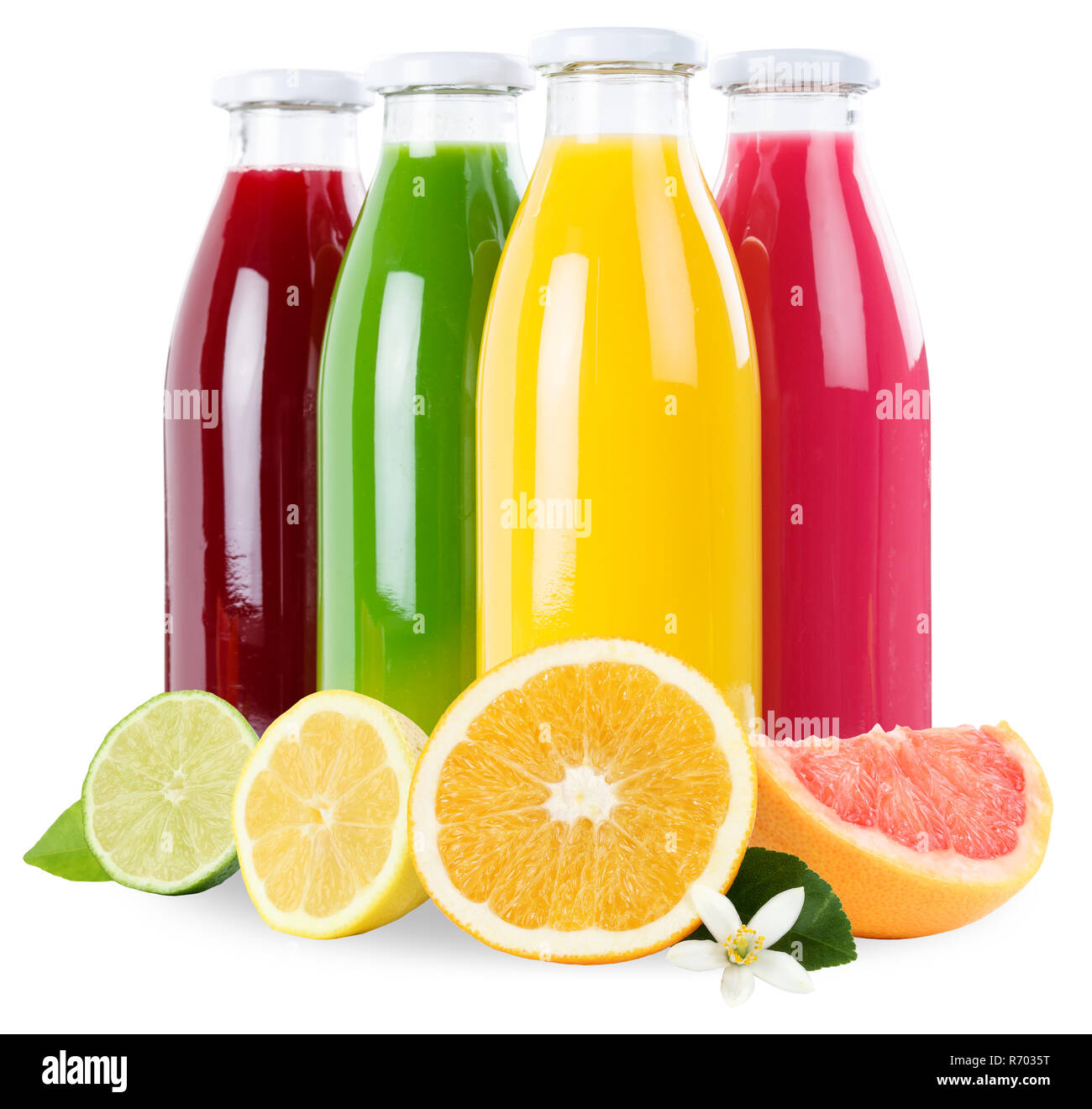 Smoothie smoothies Saft Flasche Obst Fruchtsaft Orangensaft square isoliert Stockfoto