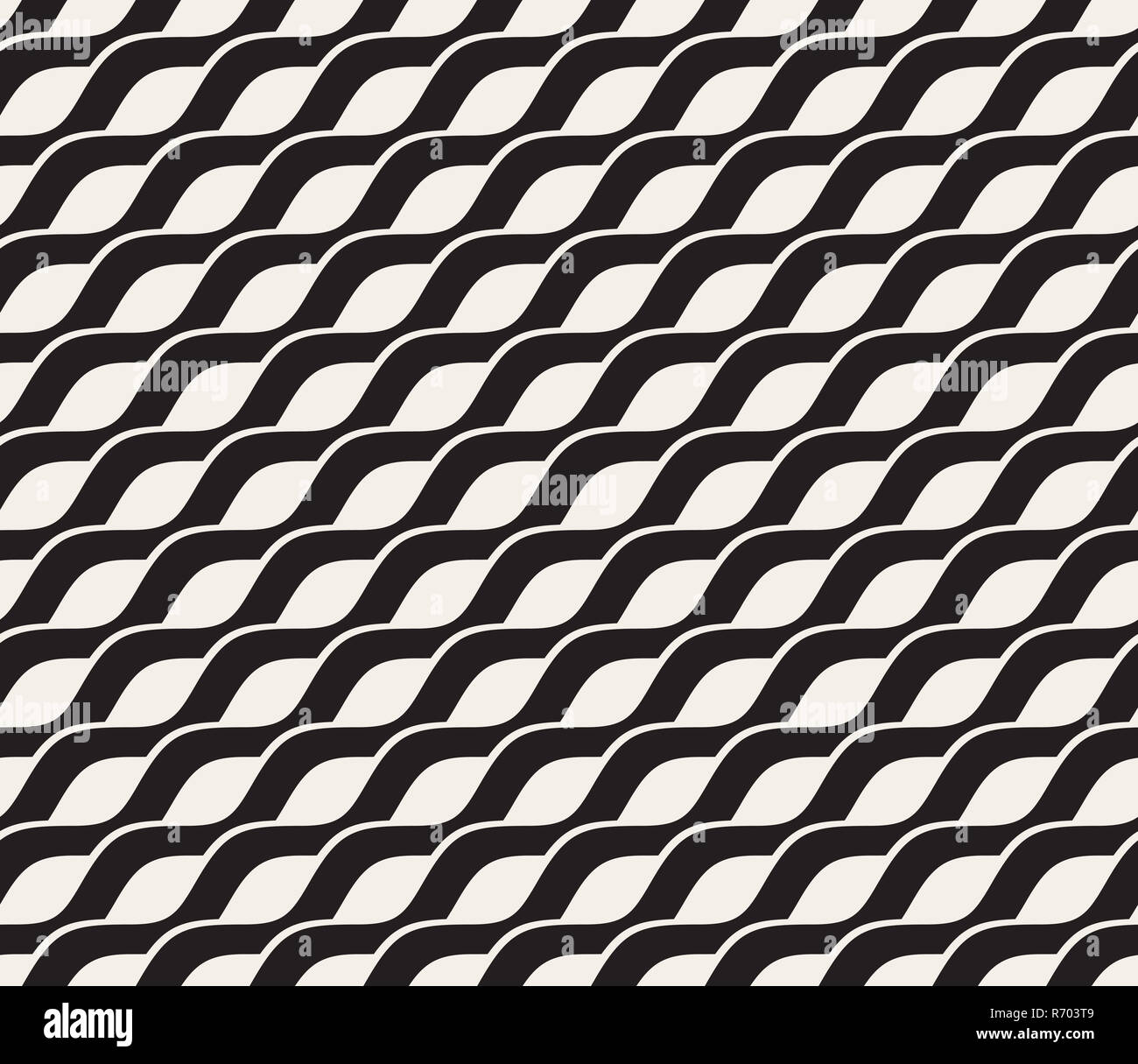 Vektor-nahtlose Black and White Interlacing Diagonalen Wellenlinien Muster Stockfoto