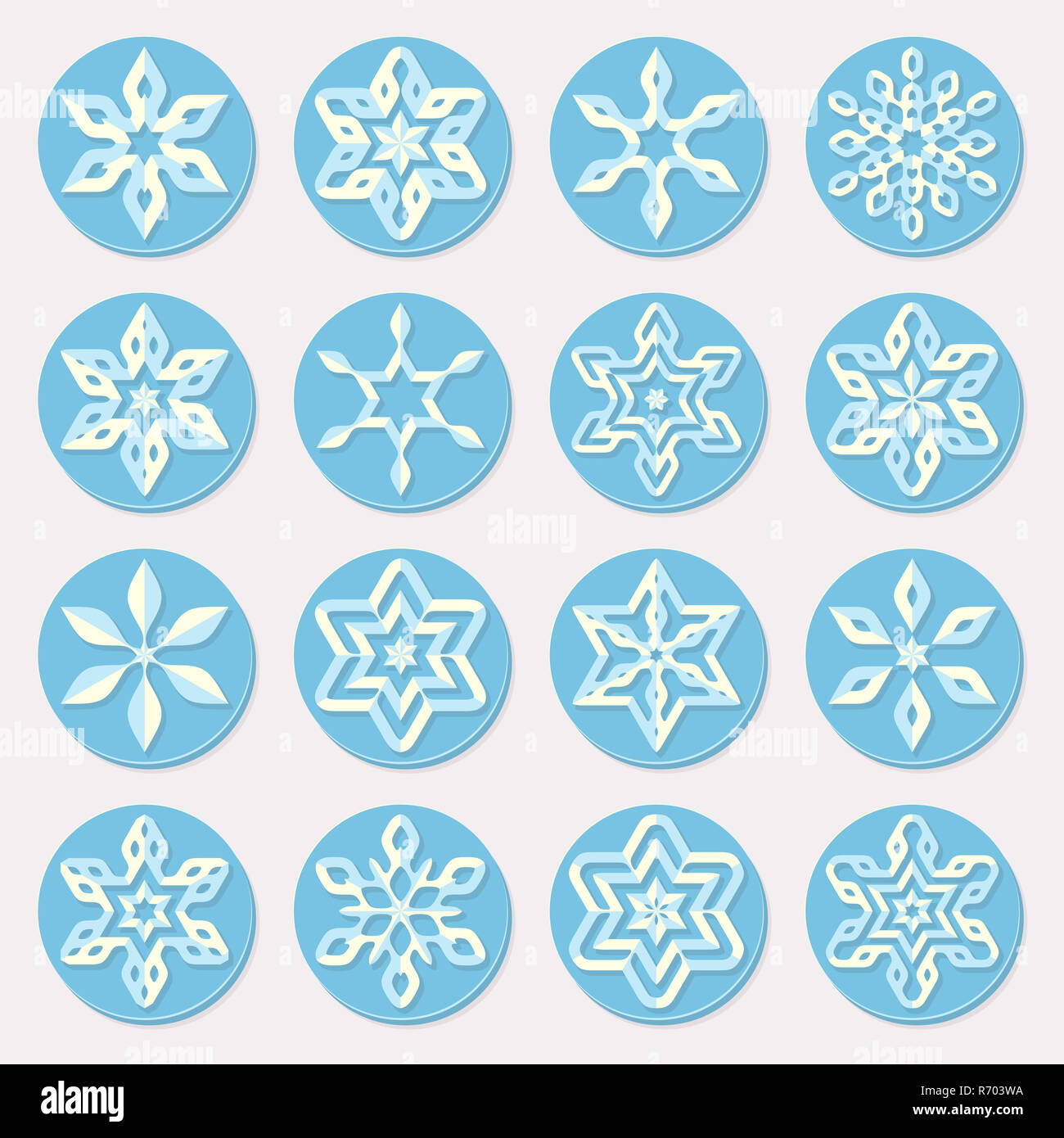 Satz von sechzehn Blautöne Schneeflocke Ornamente Weihnachts-Design-Elemente Stockfoto