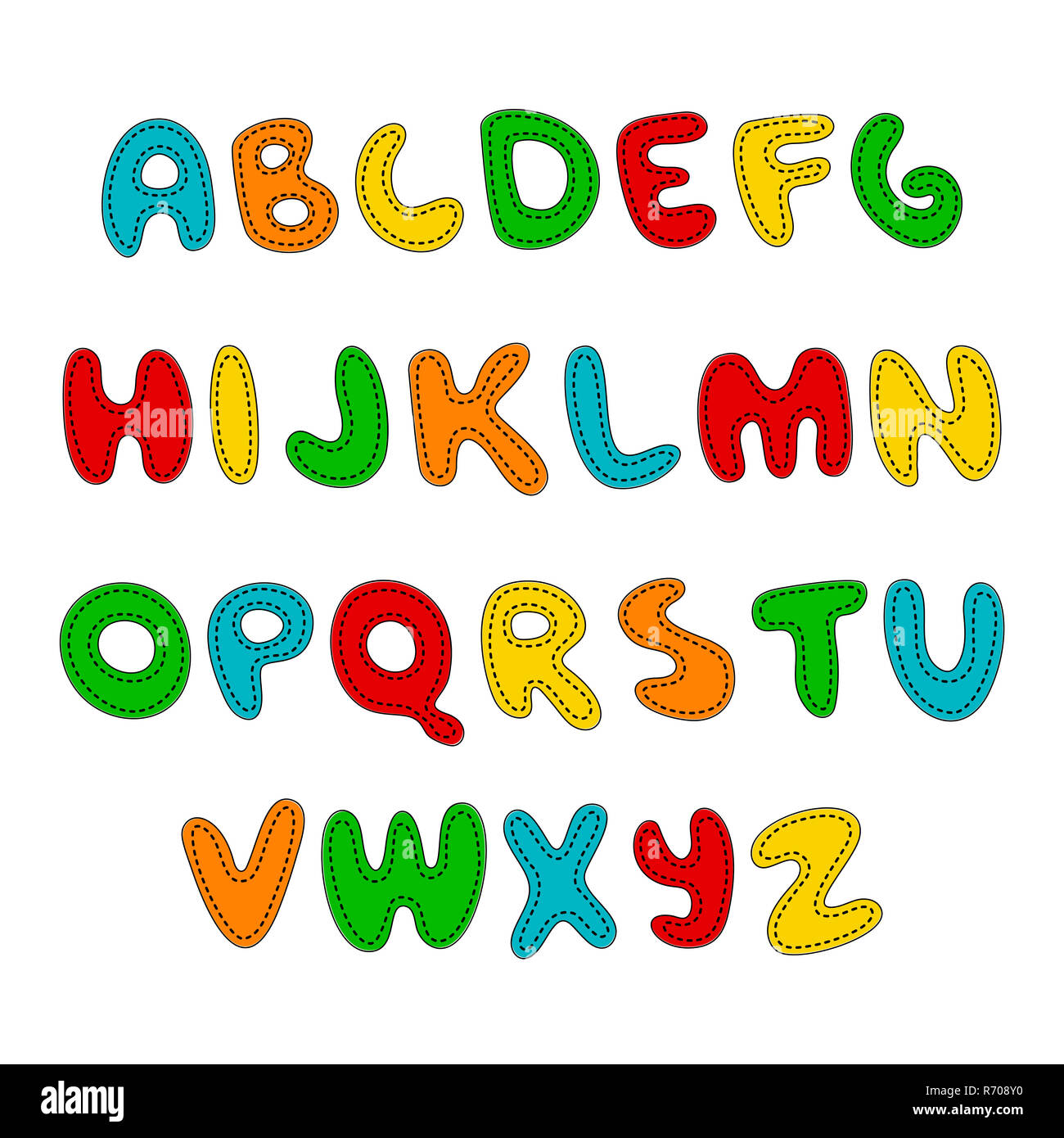 Hand schriftliche Anzeige farbige Schrift, Kid Stil. ABC. Genäht, gepatcht, Nähte, Dekorative lustig Vektor Alphabet und Zahlen. Stockfoto